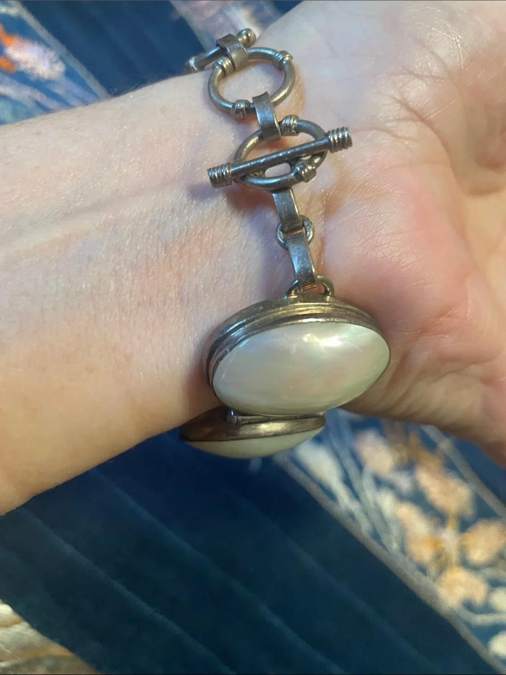 Vintage Sterling Silver Mother of Pearl Graduated Panel Link Bracelet 925